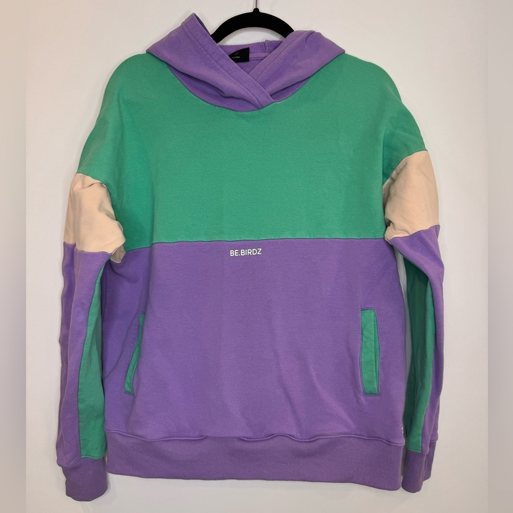 Birdz colorblock Green and Purple lilac hooded sweathshirt size medium